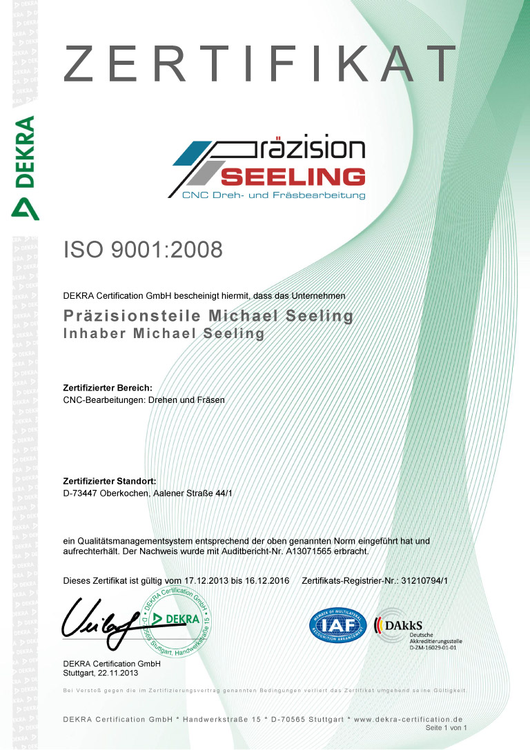 ISO 9001:2008-Zertifizierung für Seeling